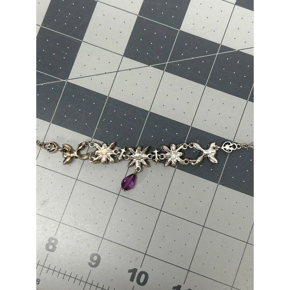 Nina Ricci Floral Necklace Silver Tone Purple Rhinestone Teardrop‎ Pendant